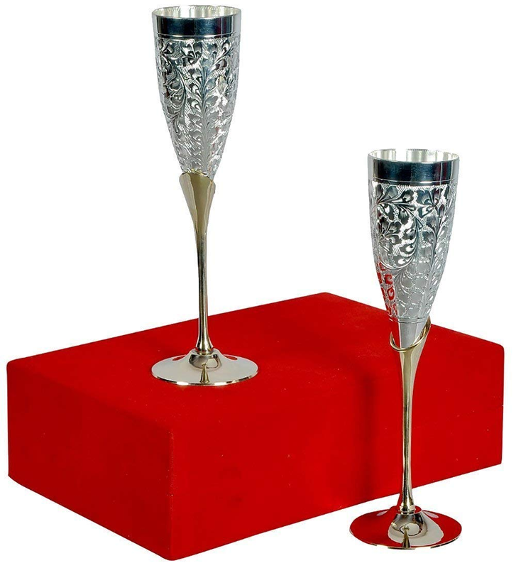Rastogi Handicrafts Brass Silver Plated Wine Glass Goblet Home Kitchen Drink Ware Set Gift Item Diwali