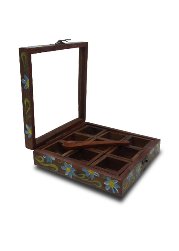 Blue Daisy Hand-painted Wooden Spice Box With Spoon